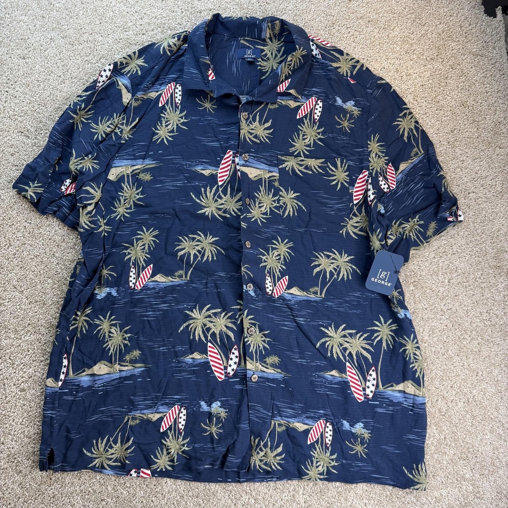 George Shirt Mens 2XL Blue Hawaiian Rayon Short Sleeve Button Up Palm Surfboards